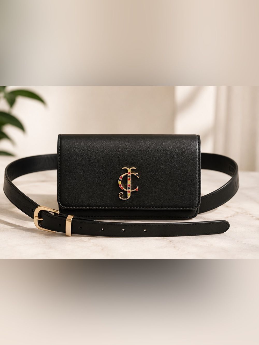 Juicy Couture NWOT Size S/M Black JC Logo Rhinestone Belt Bag Clutch Fanny Pack